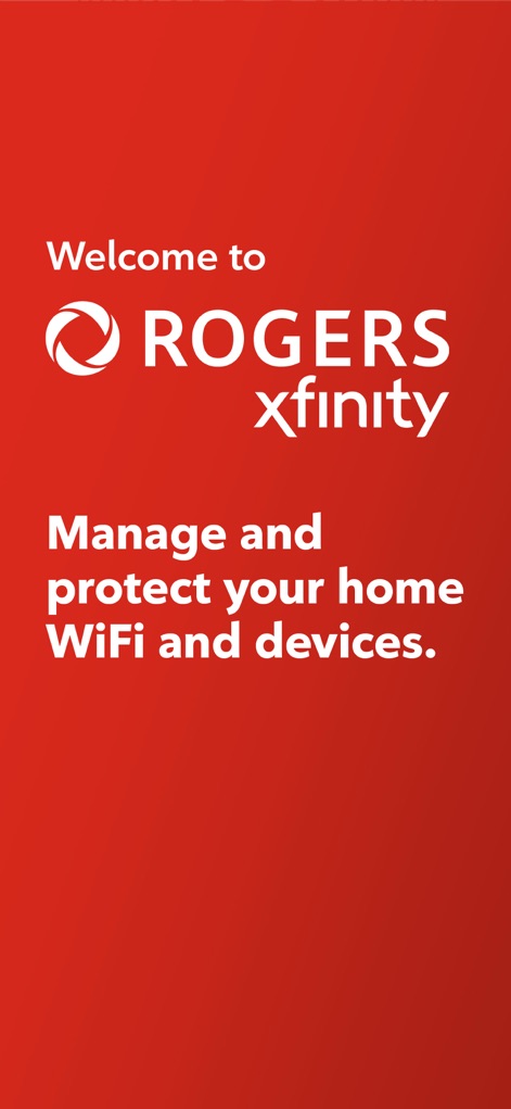 Rogers Xfinity - The app immediately introduces its core value proposition, featuring the prominent Rogers Xfinity logo and the clear 'Manage and protect' statement.
