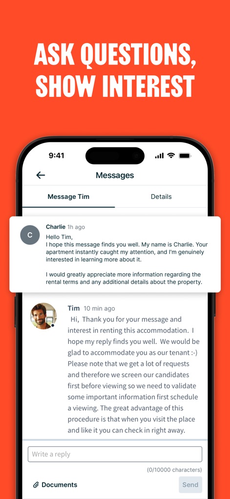 HousingAnywhere - The app facilitates seamless interaction, enabling users to 'Message Tim' directly and attach 'Documents' within the chat interface for efficient communication.