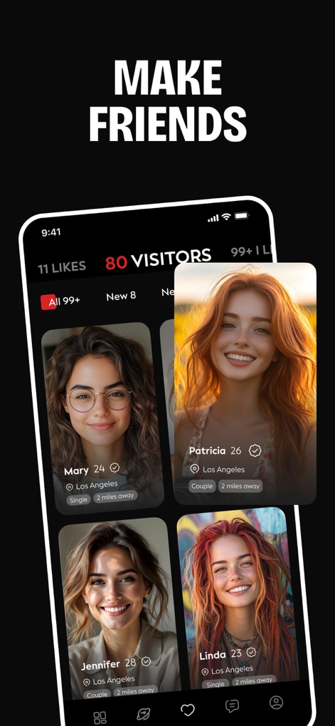 Casual Dating & Meet Up - YOLO - Observe the gallery view showcasing diverse user profiles, complete with relationship statuses, and tracking user engagement through the visitor counter.