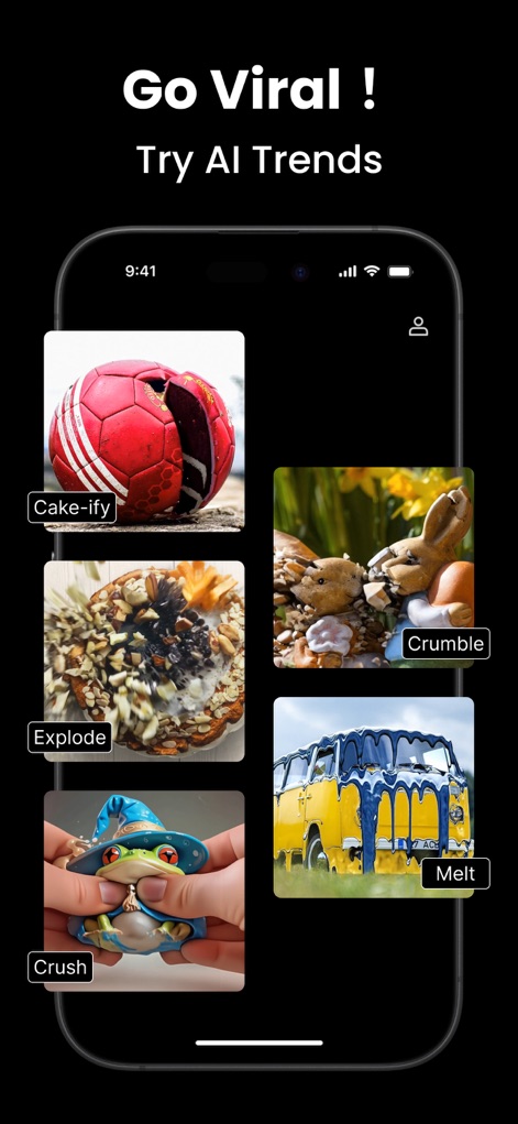 Video AI: AI Video Generator - このギャラリーでは、ユーザーが「Cake-ify」や「Melt」といったユニークなAIトレンドエフェクトを適用し、日常のオブジェクトを遊び心のある視覚効果で変換することで、ソーシャルメディアで話題となるコンテンツを簡単に作成できます。