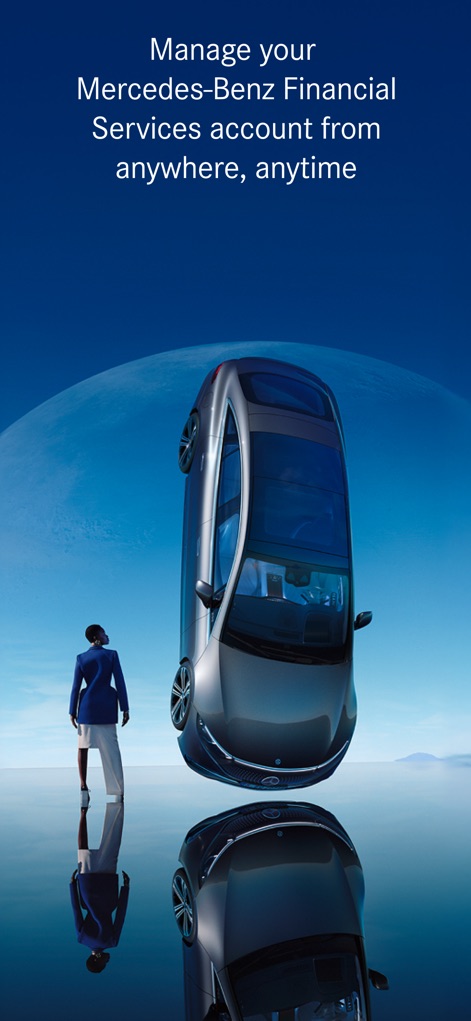 Mercedes-Benz Finance (USA/CA) - The introductory screen highlights the convenience of managing financial services on the go, underscored by the sleek visual of a Mercedes-Benz vehicle and a panoramic landscape.