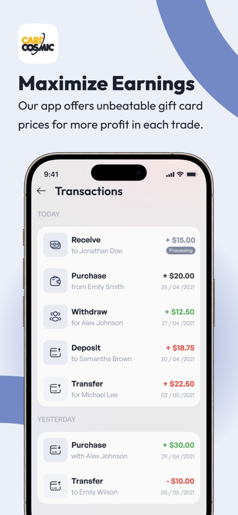 CardCosmic - The app provides a comprehensive 'Transactions' list, detailing financial activities such as 'Receive' and 'Withdraw' operations, complete with amounts, dates, and clear processing statuses for full transparency.