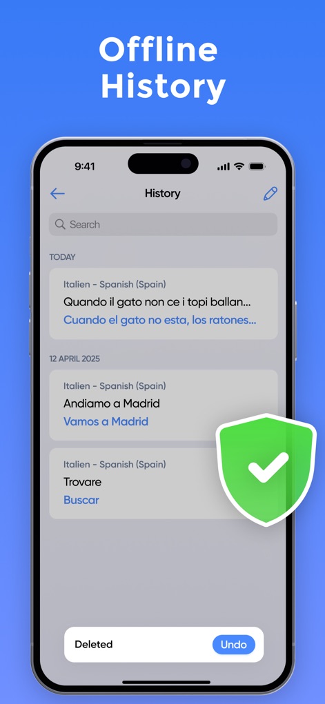 Voice Language Translator Pro - Users can review and manage their past translations through the organized history log, with options to delete entries and undo recent actions.
