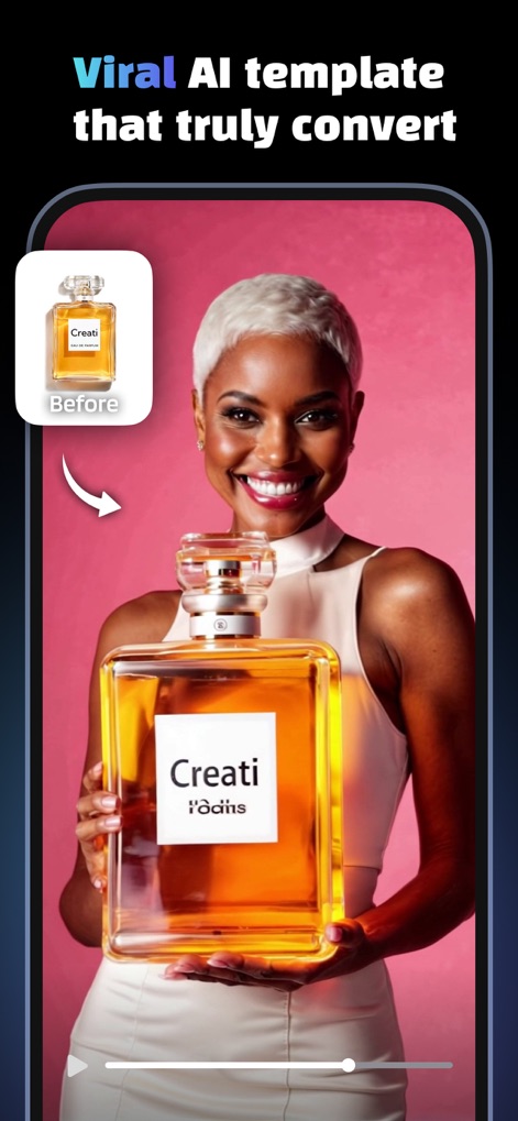 Creati: Gen AI Content Creator - The app provides AI templates that amplify product presence, like scaling a perfume bottle, to create visually striking and conversion-focused marketing content.