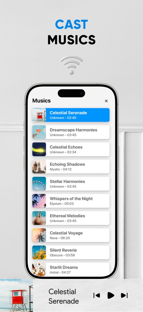 TV Cast & Screen Mirroring App - La aplicación facilita la transmisión de música, mostrando una lista de reproducción detallada con títulos de canciones y duraciones, junto con los controles de reproducción intuitivos para una experiencia de audio completa.