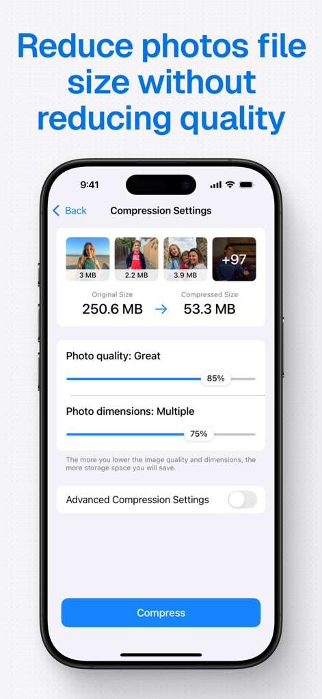 Compress Photos & Pictures - This tool allows users to precisely adjust compression settings using intuitive sliders for photo quality and dimensions, revealing the substantial reduction from 250.6 MB to 53.3 MB.