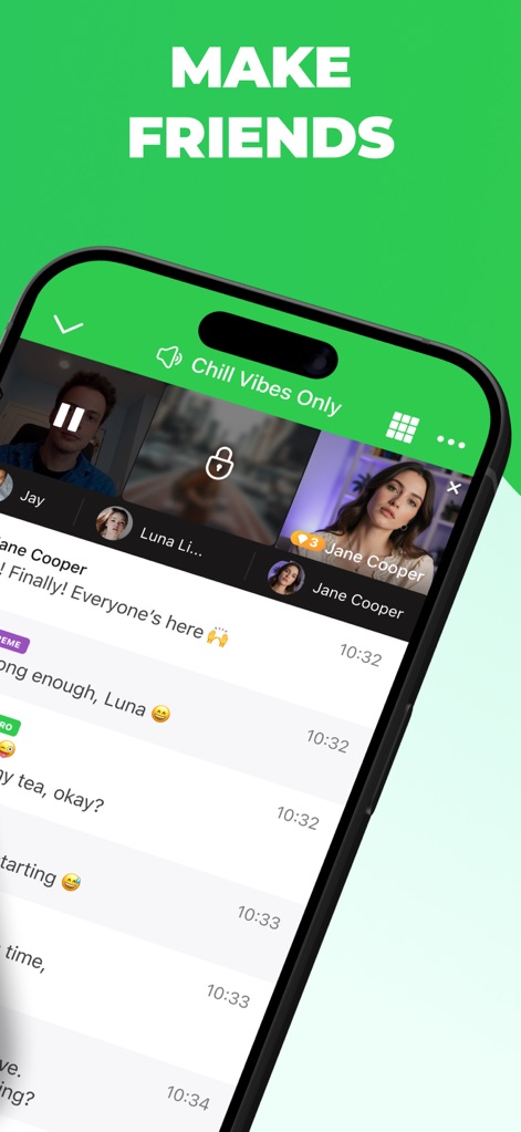 Camfrog: Live Video Chat Rooms - The screenshot emphasizes fostering friendships within a live chat room setting, visible through the 'MAKE FRIENDS' callout and the ongoing group conversation.