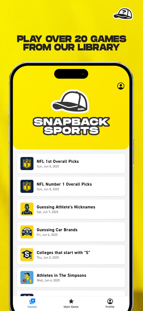 Snapback Sports Trivia - Users can explore a comprehensive list of past challenges, including categories like 'NFL 1st Overall Picks' and 'Colleges that start with 'S'', all accessible through a scrollable interface.