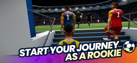 Soccer Life Simulator - Witness the exhilarating moment players step onto the stadium pitch and begin their professional soccer career, as highlighted by the clear "START YOUR JOURNEY AS A ROOKIE" prompt.