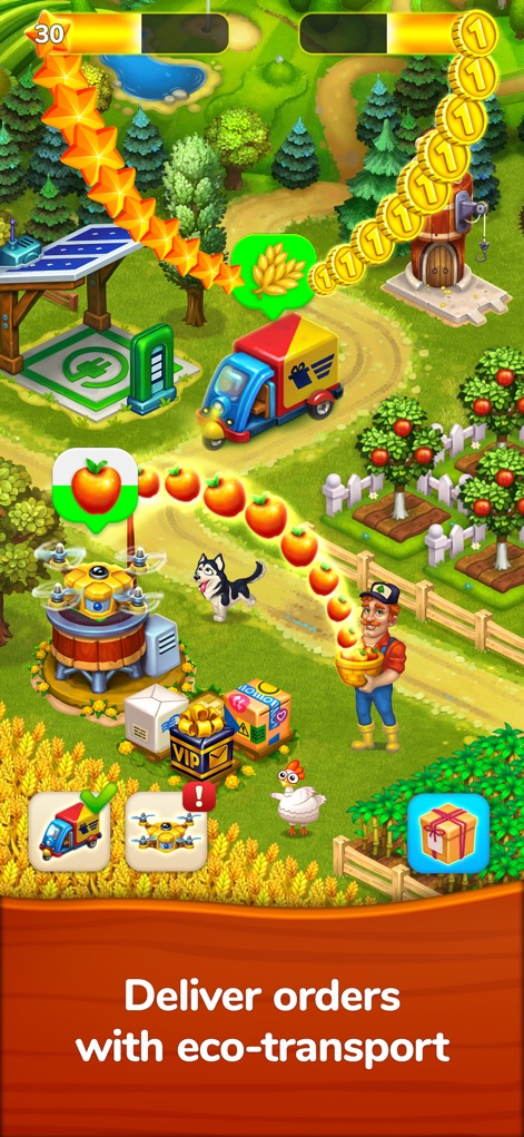 Farmington – Farm game - Experience the efficiency of the game's delivery system, utilizing both a cargo drone and an electric truck to transport farm produce and fulfill orders across the map.