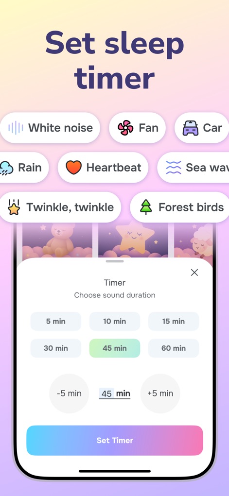 Cry Analyzer · Baby Translator - Gli utenti possono impostare un "sleep timer" per suoni rilassanti come "White noise" o "Heartbeat", scegliendo durate precise come 45 minuti per adattarsi alle esigenze.
