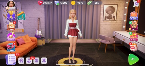 Hollywood Crush - Users can dive into extensive fashion customization, observing the character's chic outfit and the array of in-game currency indicators for purchases and progress.