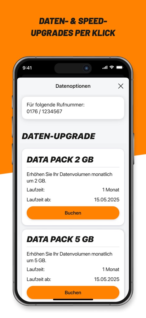 klarmobil - The app empowers users to instantly upgrade their data volume with various pack options, clearly displaying the new data allocation and contract duration.