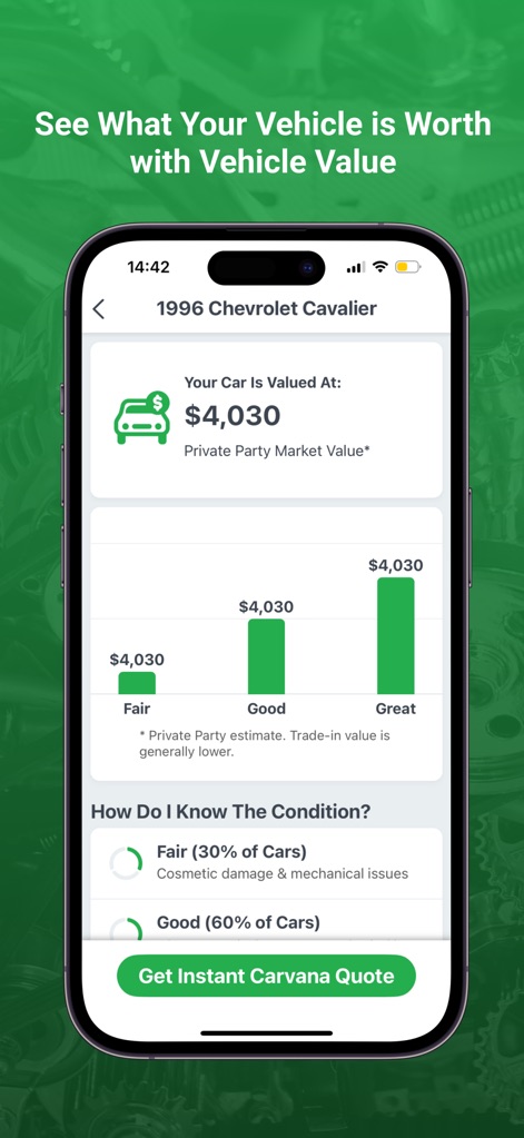 FIXD OBD2 Scanner - Access the 'Vehicle Value' tool to see a private party market value for your car, complete with a visual comparison of conditions like 'Fair' and 'Good' to guide selling or trading decisions.