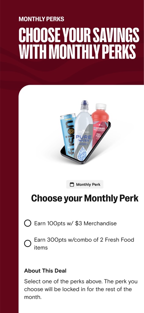 Speedway: Rewards & Shopping - Explore the "MONTHLY PERKS" section where users can select personalized offers, such as earning 100 points with $3 merchandise or 300 points on fresh food combos.