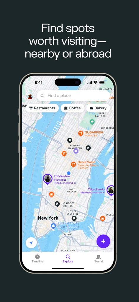 Swarm: Check In, Explore, Map - Discover new destinations effortlessly using the app's interactive map, featuring category filters for quick identification of restaurants and coffee shops.