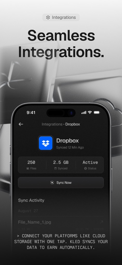 Kled - This screen highlights robust integration capabilities, demonstrated by the connected Dropbox account showing '250 Files' and the prominent 'Sync Now' button.