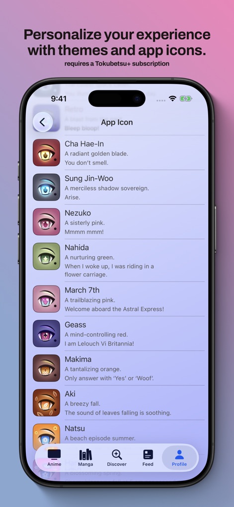 MyAniList - Customize the app's appearance by selecting from a rich array of custom app icons and diverse thematic options.