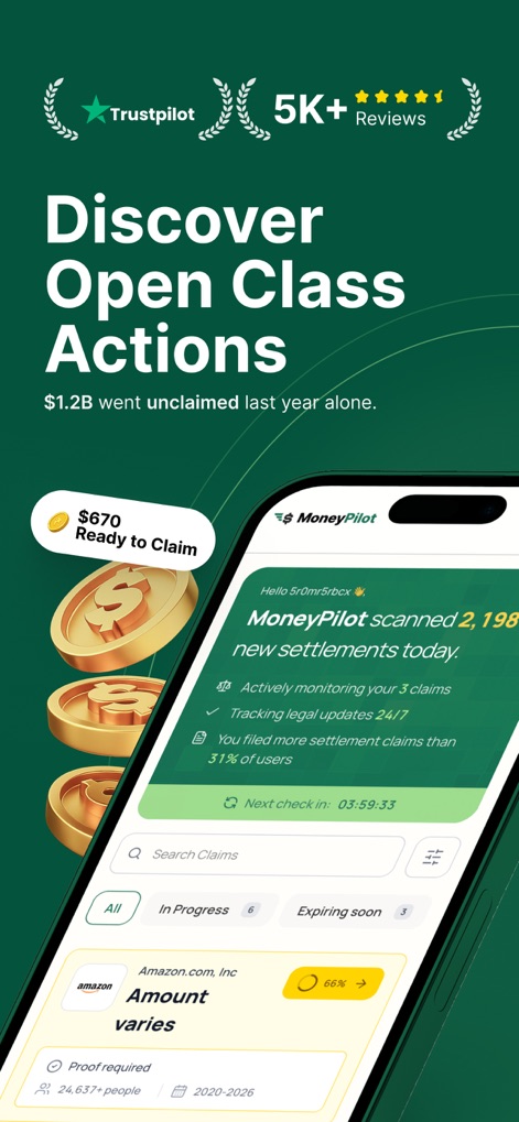 MoneyPilot: Class Action - The app showcases a comprehensive dashboard for discovering new settlements and allows users to efficiently search and filter available class actions.