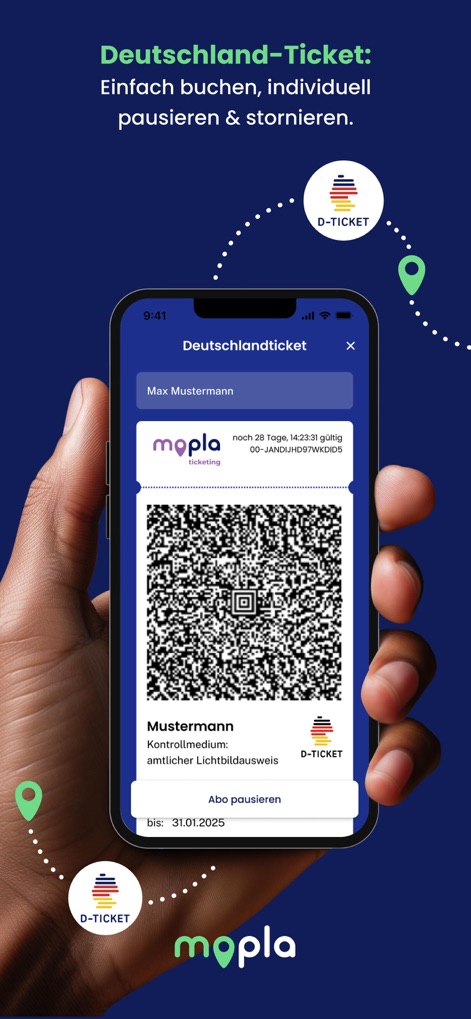 mopla - Die App zeigt das Deutschlandticket mit einem einzigartigen QR-Code zur Validierung und der intuitiven Pausetaste für maximale Flexibilität.