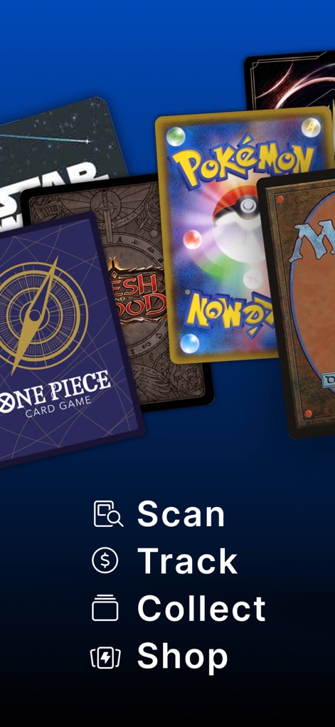 TCGplayer - A interface inicial destaca as funcionalidades centrais do aplicativo, apresentando uma coleção visualmente rica de cartas de TCG e os ícones de ação para escanear, rastrear, coletar e comprar.