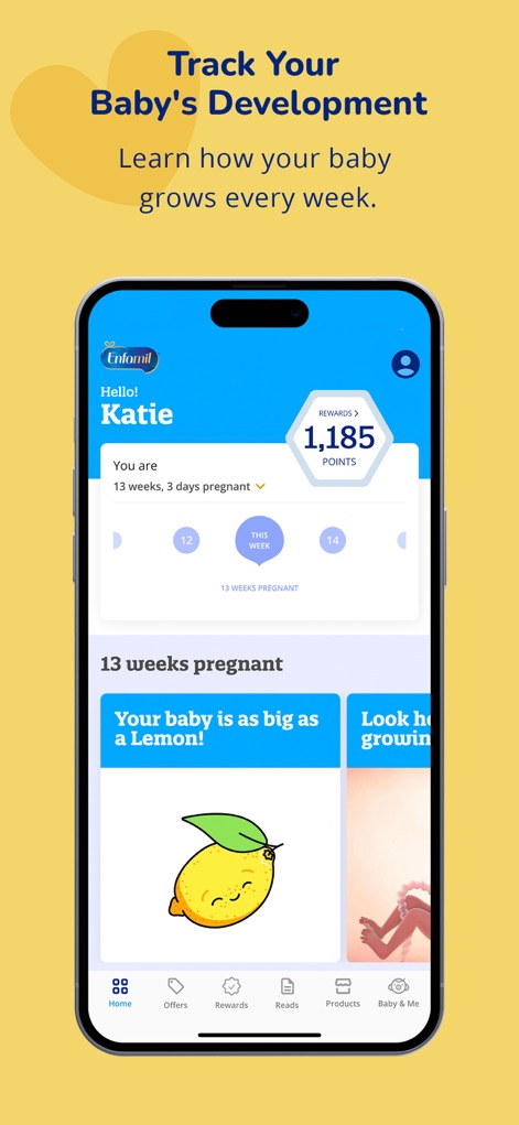 Enfamil: Baby Rewards Tracker® - The app helps users monitor pregnancy milestones with visual size comparisons and displays accumulated rewards points on the main dashboard.