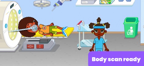 Hospital Games for Kids - Witness a patient undergoing a full body scan within a large MRI machine, detailing medical imaging processes.