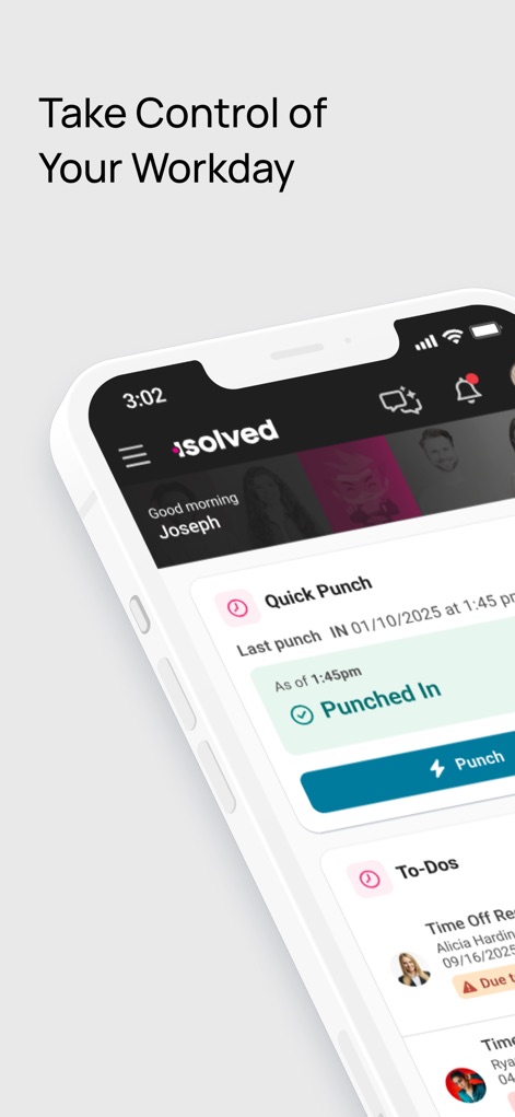 isolved People Cloud - The app provides a personalized employee dashboard, prominently featuring quick actions like the 'Quick Punch' time clock and an organized 'To-Dos' list for efficient task management.