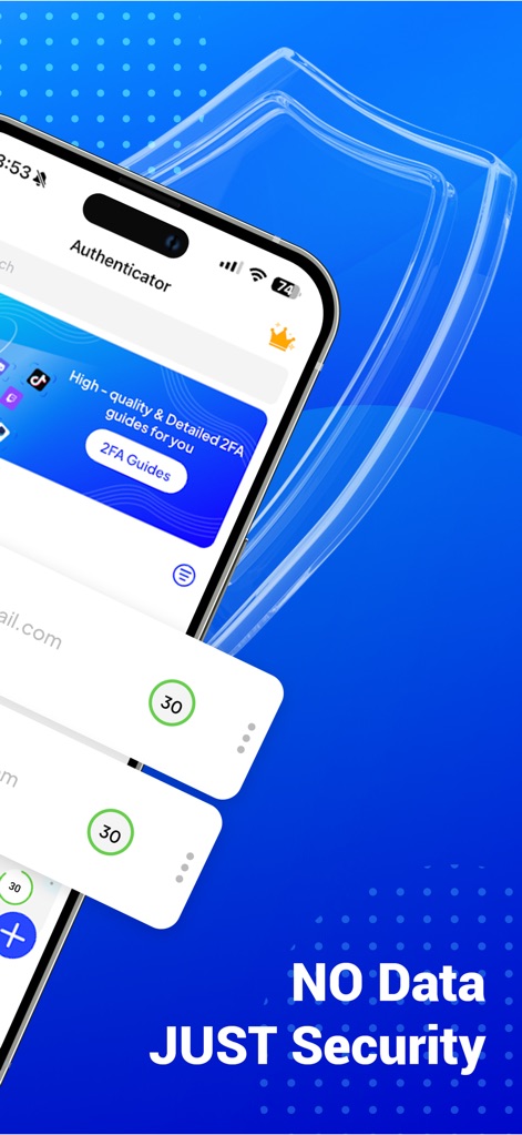 Authenticator App | 2FA Auth - 이 앱은 'Authenticator'라는 깔끔한 인터페이스를 통해 높은 수준의 2단계 인증 가이드를 제공하며, 백그라운드의 보안 실드 그래픽으로 사용자의 데이터 보호에 대한 강력한 의지를 나타냅니다.