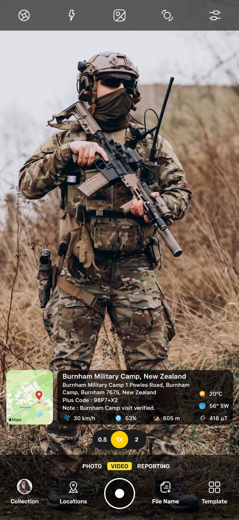 GPS Map Camera : Geo Photos - The app supports field operations by embedding precise geographical coordinates and environmental readings directly into photos taken in a military setting.