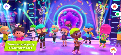 Urban City Stories - L'application permet d'organiser des fêtes inoubliables dans le club jeunesse, avec des lumières disco et des confettis pour une ambiance festive.