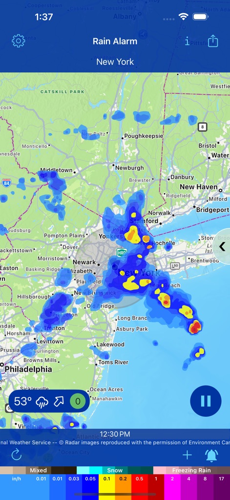 Rain Alarm Live Weather Radar - Observe precise precipitation visualization across key metropolitan areas such as New York, enhanced by intuitive playback controls for historical and predictive radar animation.