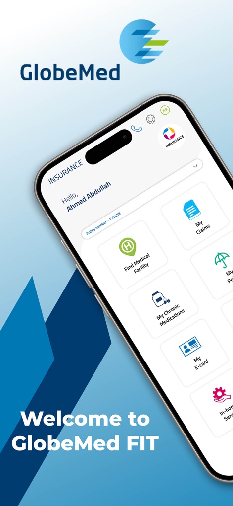 GlobeMed Fit - The app offers a personalized dashboard, displaying the user's name and policy number, alongside quick access tiles for essential services like 'My Claims' and 'My E-card'.