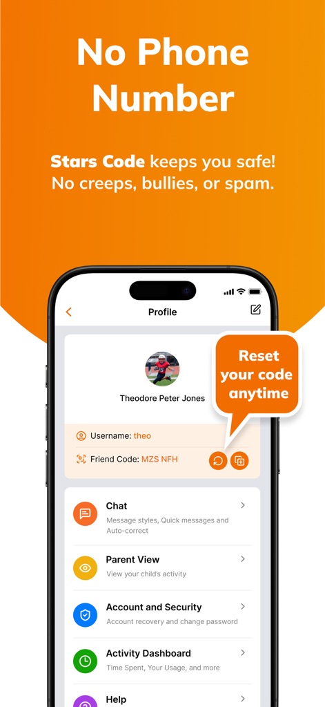 Stars Messenger Kids Safe Chat - Découvrez comment le code ami unique et réinitialisable garantit une confidentialité optimale, permettant également aux parents d'activer l'option 'Parent View' pour un contrôle accru. L'absence de numéro de téléphone renforce la sécurité de l'utilisateur.