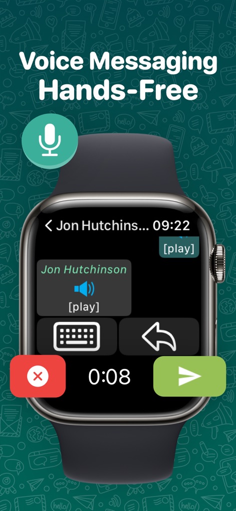 WatchChat 2: Chat on Watch - The app provides intuitive controls for playing existing voice notes and recording new ones with dedicated send and cancel buttons.