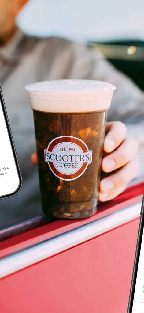 Scooter's Coffee - This visual showcases the tangible result of convenient mobile ordering, presenting a perfectly crafted Scooter's Coffee drink and its iconic branding.