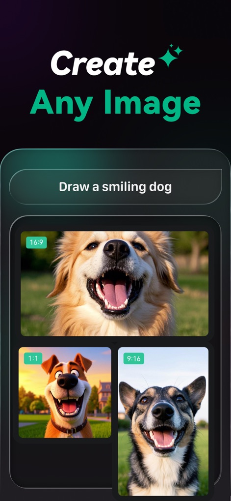 Chat AI 5: AI Agent & Video - Los usuarios pueden dar rienda suelta a su creatividad generando imágenes a partir de descripciones textuales, obteniendo múltiples resultados visuales, como la solicitud de "Draw a smiling dog" que produce variaciones en diferentes formatos (16:9, 1:1).