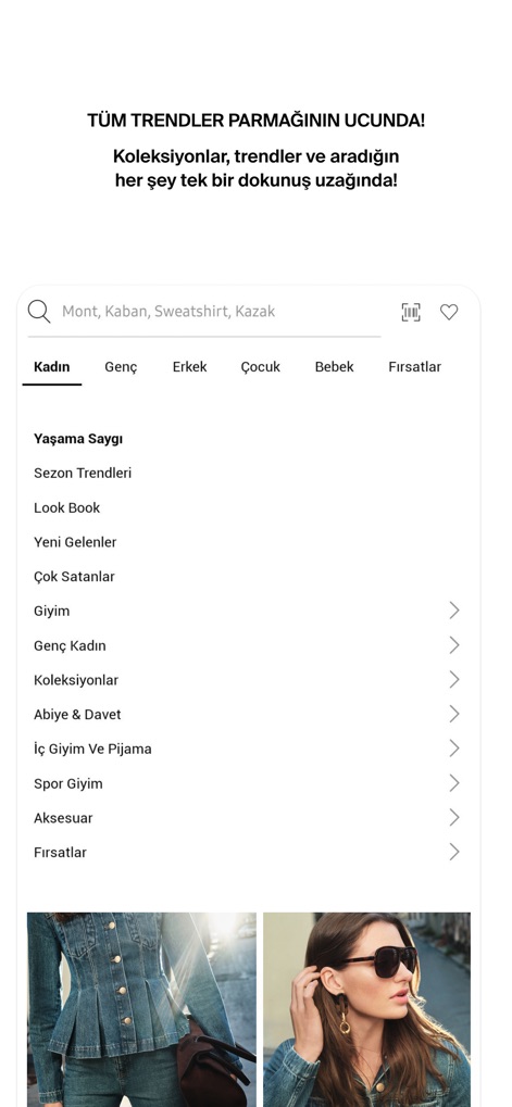 Koton:Giyim Alışveriş Sitesi - La interfaz de la aplicación ofrece una navegación por categorías clara y un buscador integrado, permitiendo a los usuarios descubrir fácilmente moda para mujeres y hombres, así como para jóvenes, niños y bebés.