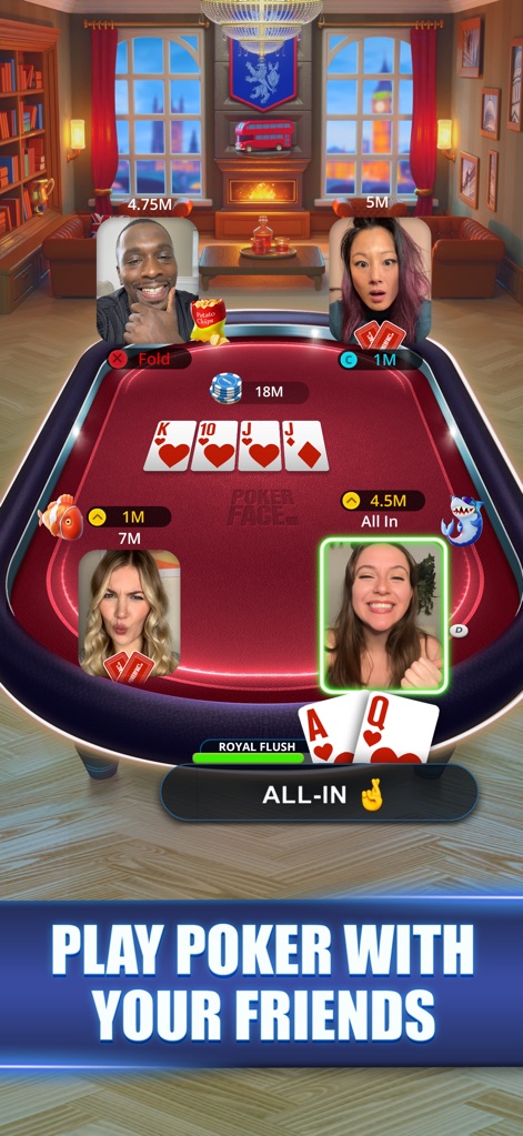 Poker Face: Texas Holdem Live - L'application permet aux utilisateurs de s'engager dans des parties de Texas Hold'em avec "vidéo en direct" des participants, affichant clairement un "Royal Flush" pour une victoire épique.