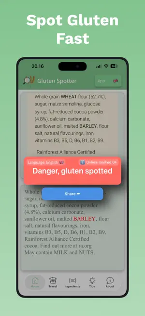 Gluten Spotter - Label Scanner screenshot 1