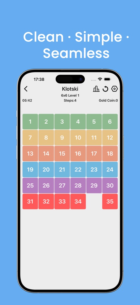 Heso:2048,Sudoku,Minesweeper - Se presenta el desafiante juego Klotski, mostrando un tablero con bloques numerados que se deben mover y un contador de pasos realizados para la resolución.