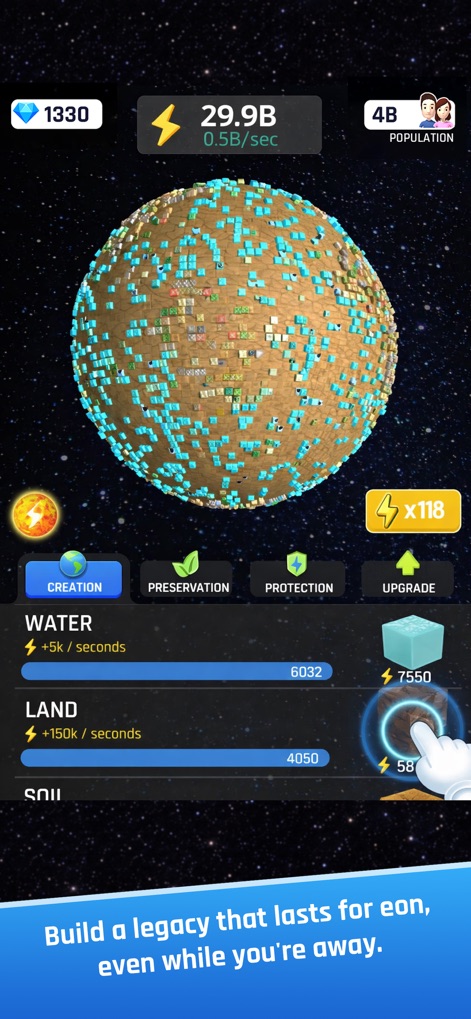 Idle World - Planet Miner - Delve into resource management, depicted by the planet's surface dotted with various structures and progression bars for 'WATER' and 'LAND' accumulation.