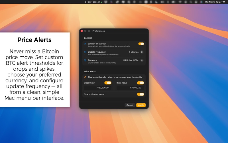 Bitcoin Menu Bar Price Tracker screenshot