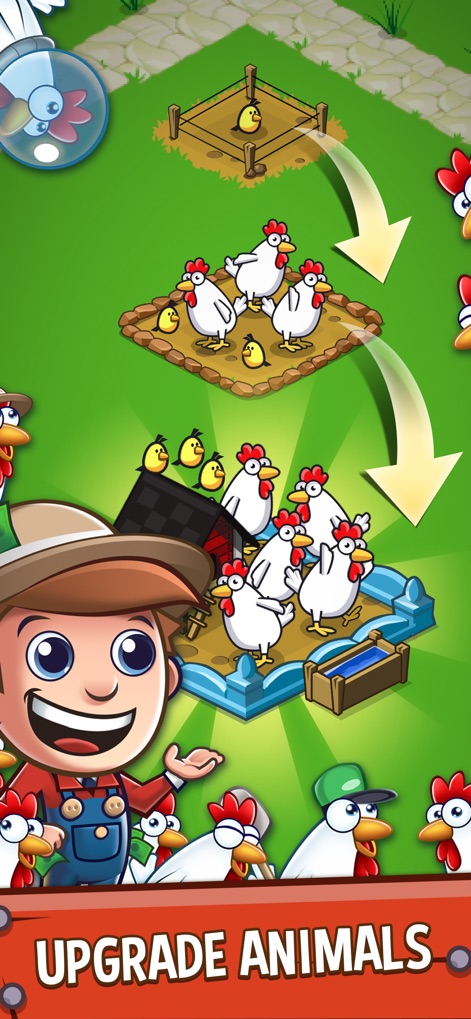 Idle Farming Empire - Dieses Bild illustriert den Wachstumsprozess der Tiere, von wenigen Küken zu einer großen Herde ausgewachsener Hühner, und zeigt zudem verbesserte Tiergehege, die eine höhere Tierpopulation ermöglichen.