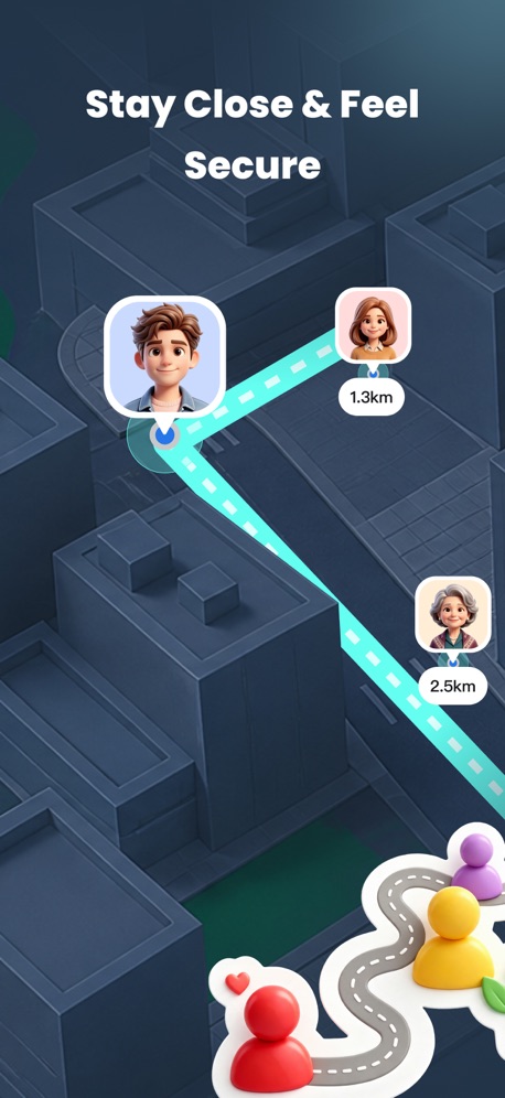 LocFind: GPS Family Tracker App Store screenshot 3, headline “Stay Close & Feel Secure”. The app itself is the background.