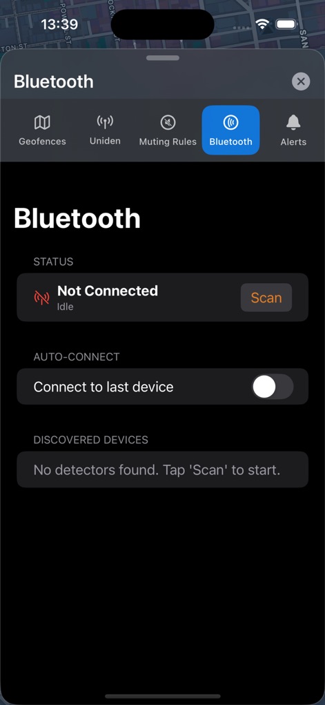 Dukes App - Discover how this tool streamlines detector management, showing Bluetooth 'Status' and providing an 'Auto-Connect' toggle for effortless pairing.
