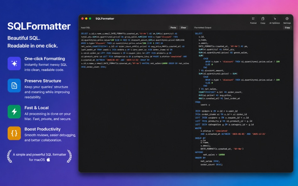 SQL Formatter – Query Editor (macOS) De: Moca LLC