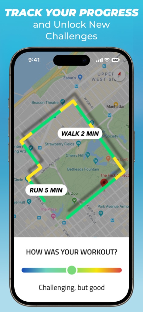 5K Runner: couch potato to 5K - Witness the built-in GPS mapping with color-coded run/walk segments and the immediate post-workout feedback prompt.