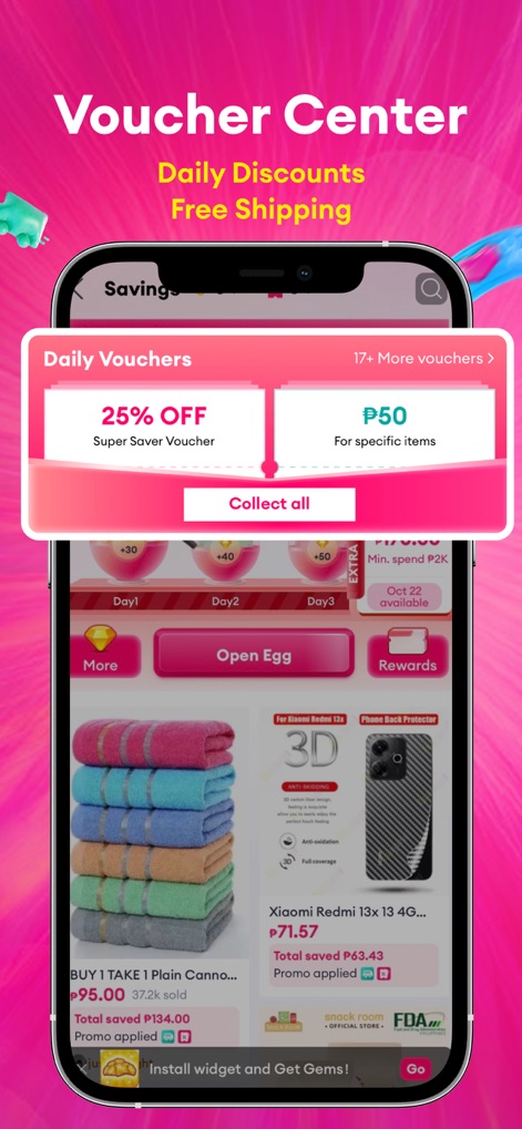 Lazada 4.4 Sale - This tool centralizes user savings opportunities with its 'Voucher Center', showcasing daily discounts like '25% OFF Super Saver Vouchers' and specific monetary value offers.