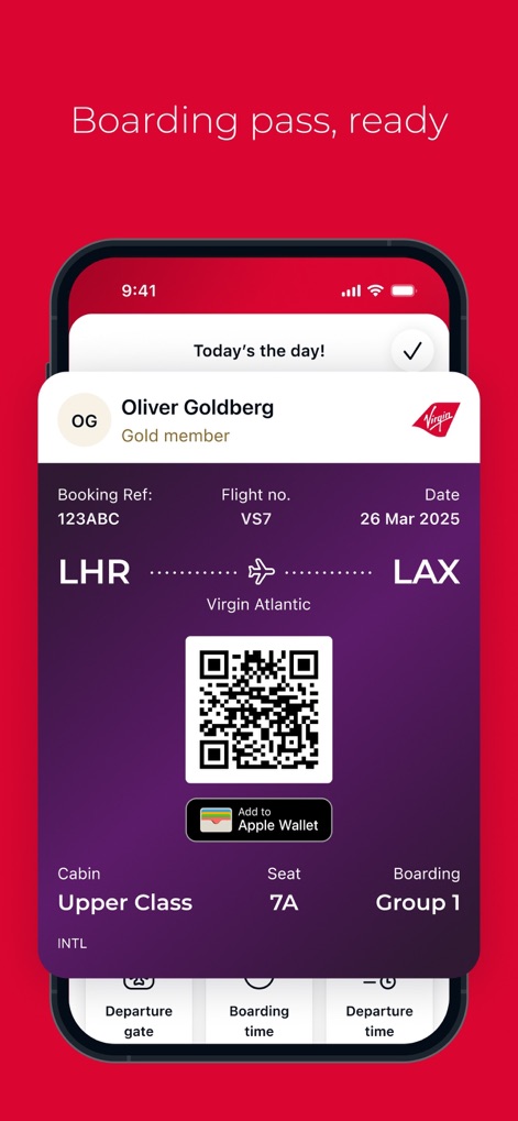 Virgin Atlantic - Users access their comprehensive digital boarding pass, displaying essential flight details like the QR code and departure gate, with an option to seamlessly integrate it into Apple Wallet.